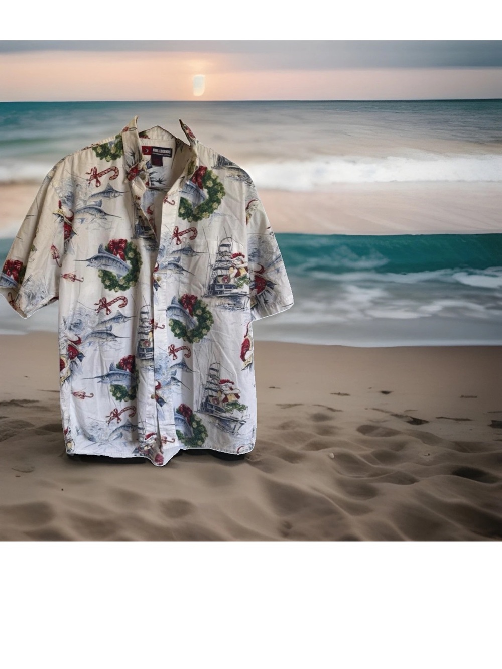 Reel Legends Santa On Fishing Boat Marlins In Wreath Hawaiian Shirt Large